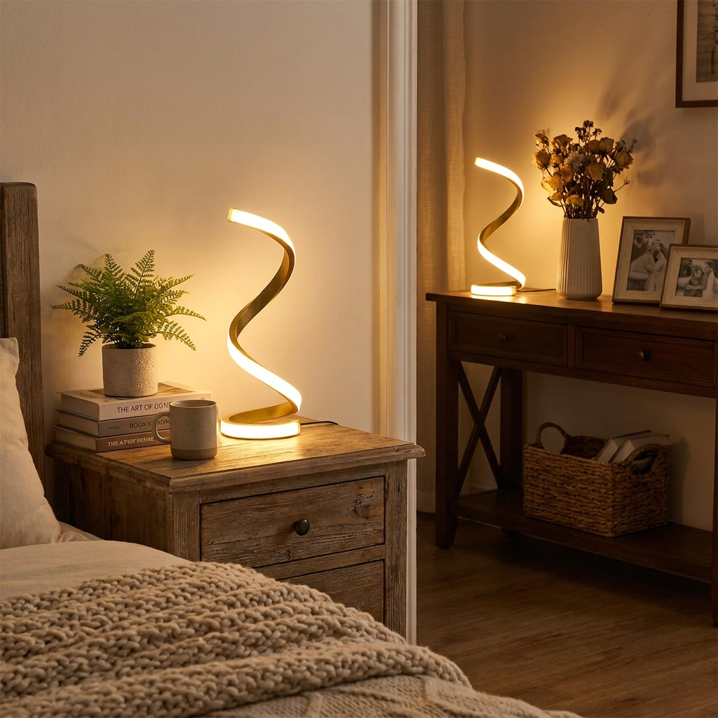 Aurora Spiral LED Table Lamp Set of 2 in a cozy home interior